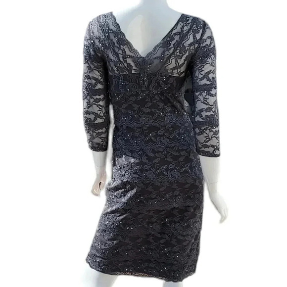Cache' Gray Sequin Lace Layered V-Neck Sheath Lined Cocktail Dress, Size 8 - Picture 2 of 12